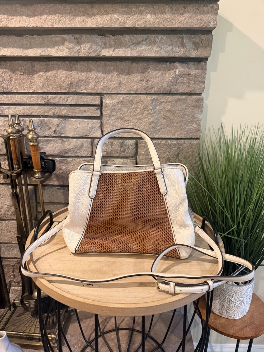 Woven Panel White and Brown Satchel Handbag